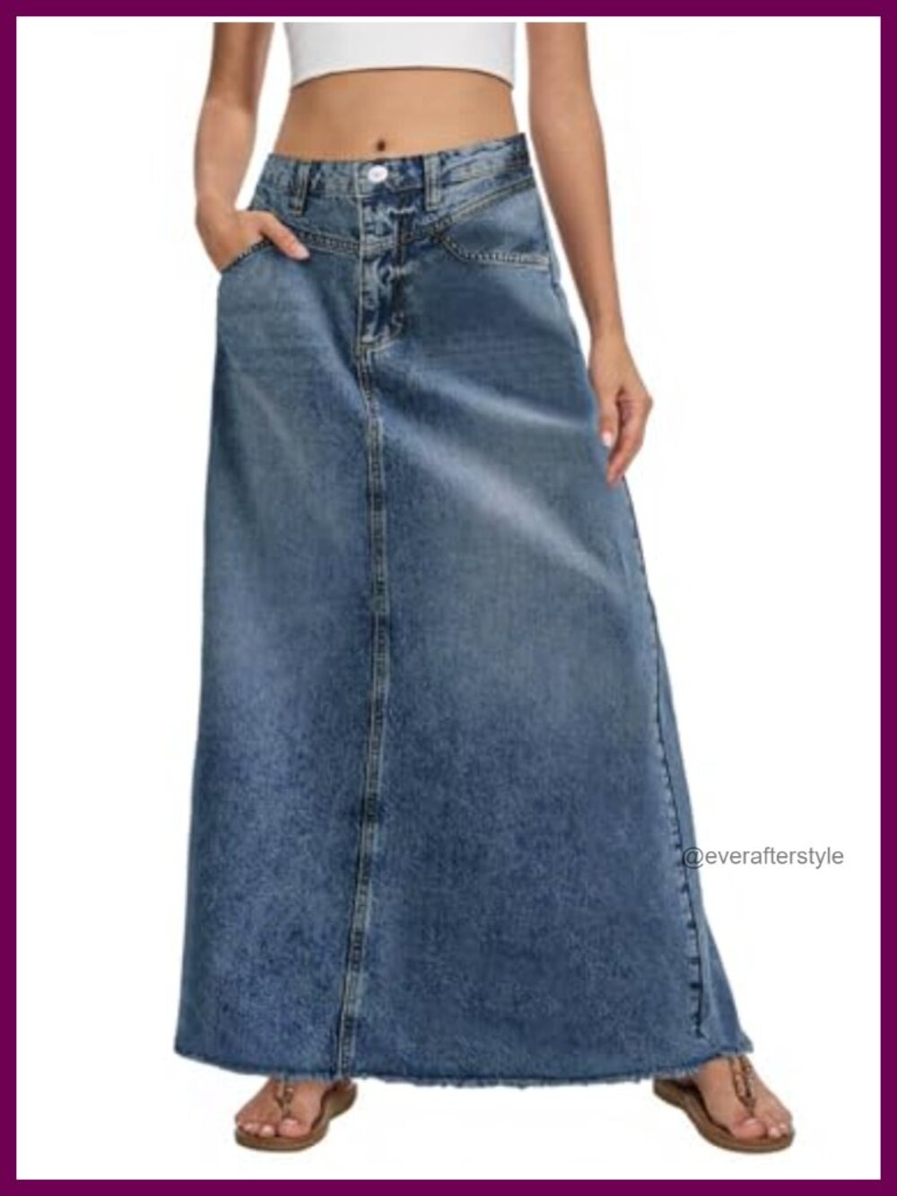 Vintage Denim Maxi Skirt High Waist A-Line Frayed Hem Jean Skirt Pockets